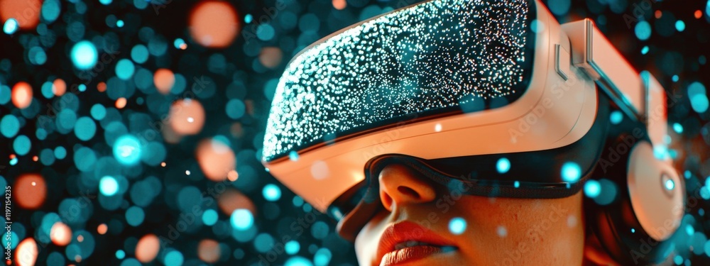 Aufkleber futuristic virtual reality experience with glowing particles and immersive headset on user in a digi
