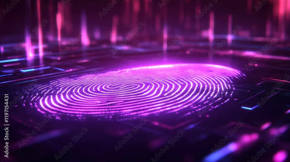 Poster cybersecurity fingerprint: digital identity and biometric authentication in a futuristic neon glow