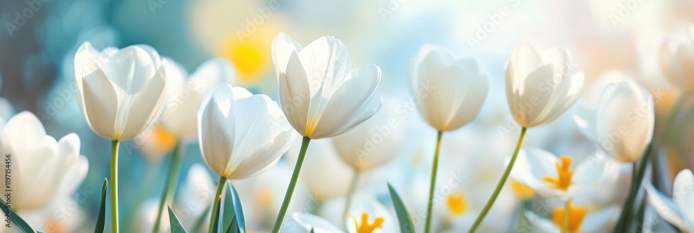 Leinwandbilder bright tulips blooming in a sunlit garden with ample space for text and mock up use. generative ai