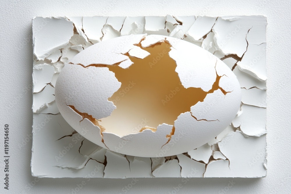 Poster a clean and simple depiction of a cracked eggshell, symbolizing fragility and vulnerability, drawn o