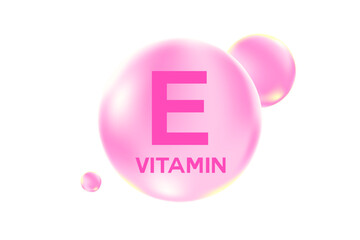 Vitamin E glowing 3D icon, molecule element or bubble isolated, transparent background. Fluid light pink flowing soft gel capsule, supplement skin products banner, presentation, infographic design
