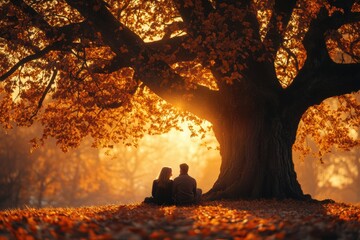 Romantic Couple Sitting under Giant Oak Tree in Autumn Sunset Glow with Copy Space