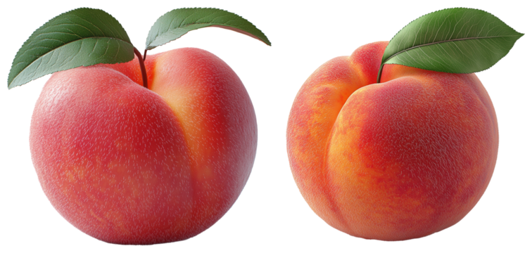 Set of ripe peaches with visible fuzz and leaves isolated PNG on a transparent background