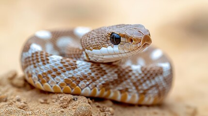 Obraz premium Desert snake coiled on sand, wildlife photography, arid background, nature image for websites or publications