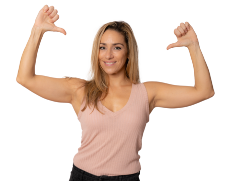 Portrait of young smiling woman in casual clothes pointing thumbs herself isolated over transparent background. PNG transparent.
