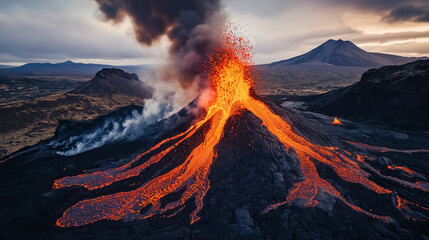 A powerful volcanic eruption with vibrant red and orange lava streaming from the volcano’s crater