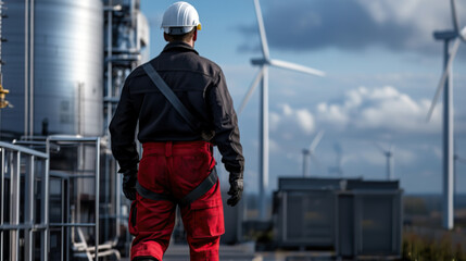 A worker in red and black work clothes, including a white hard hat and boots. He is walking on an outdoor industrial surface, with wind turbines visible in the distance
