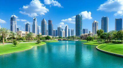 Naklejka premium Urban Oasis: Cityscape Lake View