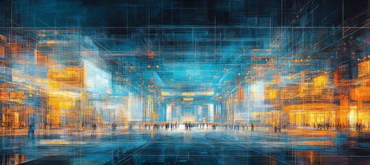 Abstract Cityscape Futuristic Visualization of Urban Connectivity with Dotted Grid Lines, 3D Render