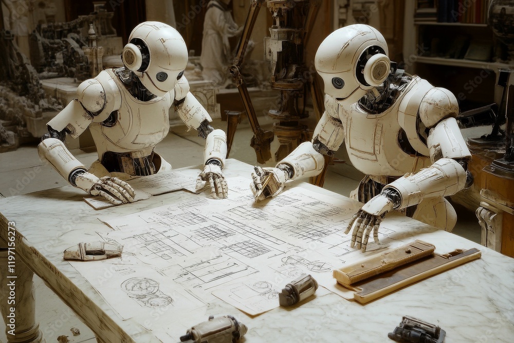 Poster two white robots analyze blueprints on a table.