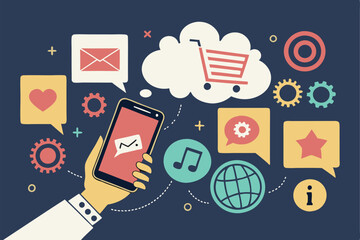 Digital marketing icons, smartphone in hand, social media symbols, colorful speech bubbles, e-commerce icons, cloud computing, communication concept, flat design, dark background, vibrant colors,  int