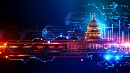 financial data government building. A digital representation of the U.S. Capitol, featuring vibrant colors and abstract data visuals, symbolizing technology and governance.