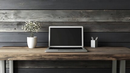 Rustic Laptop Workspace: Minimalist Design with Flowers