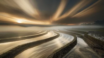 Acrylglasbilder Reisfelder A dramatic long exposure of layered terraced rice fields in Bali, Indonesia, with blurred reflections of soft golden light on the water and streaking clouds above  © Swaroop