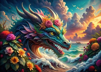 Dragon Head Floral Wave Tattoo Design Aerial Photography