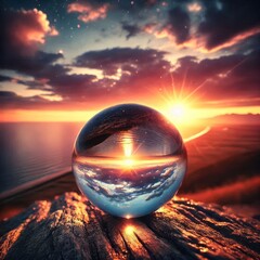 Beautiful selective focus shot of a crystal ball reflecting a breathtaking sunset
