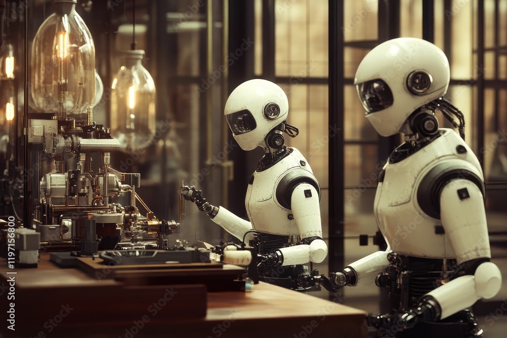 Poster two robots work at a complex workbench.