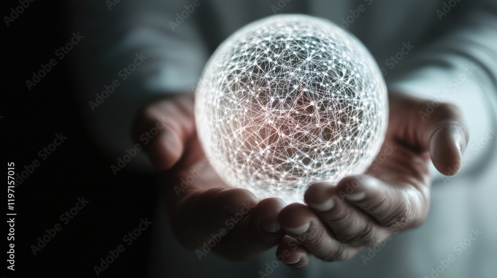 Poster luminous sphere of energy with intricate network of light in hands symbolizing innovation and connec