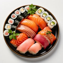 Japanese sushi on the round plate isolated on white background.
