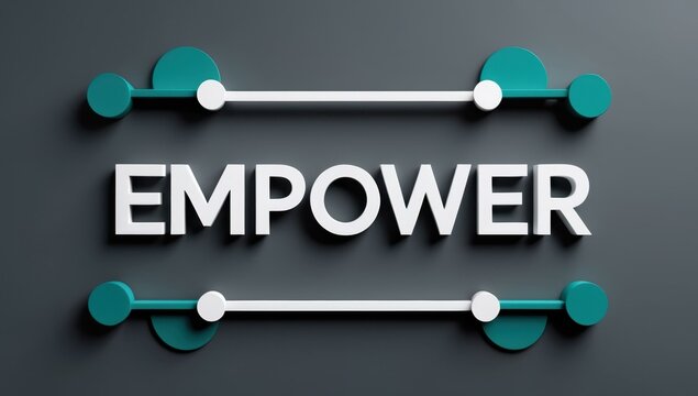 EMPOWER text title in center and plan, design, link, base, line, framework in dark gray, teal, white colors