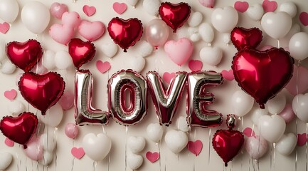 A wall with Valentine's Day balloons and balloon letters that spell "LOVE," front view, photography studio backdrop for a photo shoot	