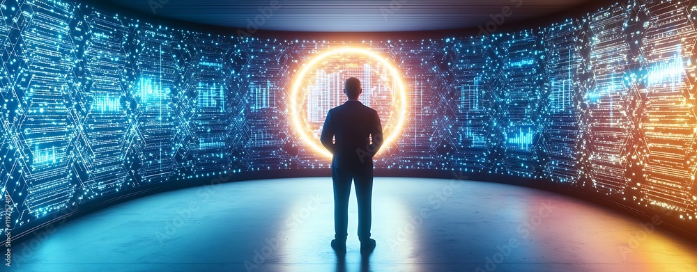 Poster high-tech data center server control, futuristic analytics room with big data visuals