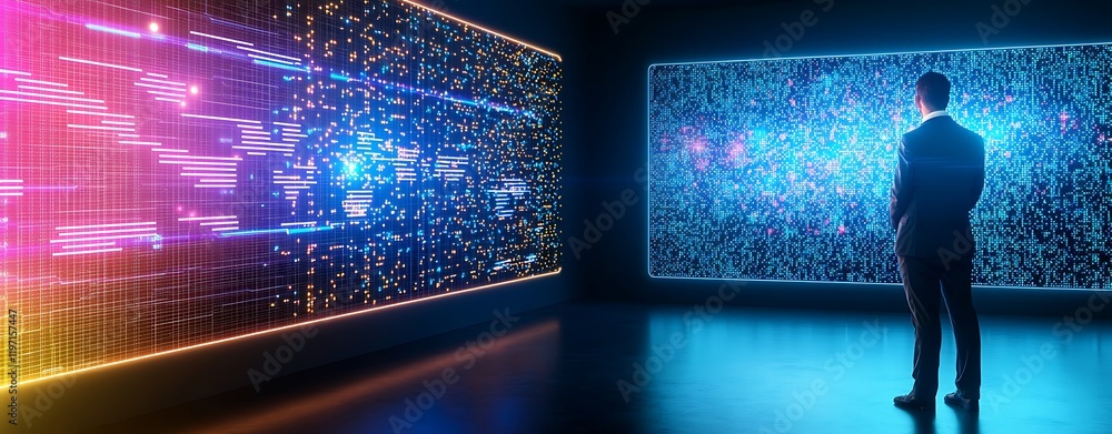 Poster high-tech data center server control, futuristic analytics room with big data visualizations