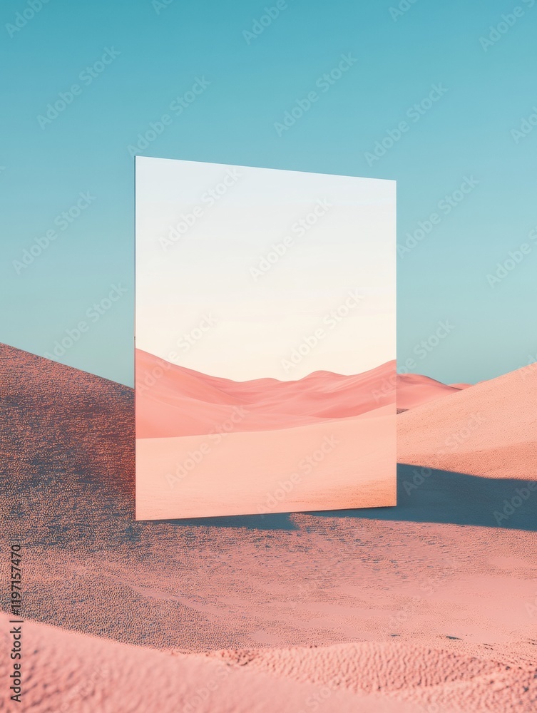 Aufkleber desert landscape featuring a large mirror reflecting the serene sky and sand dunes in a tranquil env