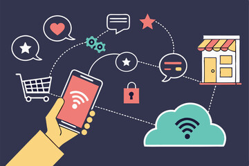 Digital marketing icons, smartphone in hand, social media symbols, colorful speech bubbles, e-commerce icons, cloud computing, communication concept, flat design, dark background, vibrant colors,  int