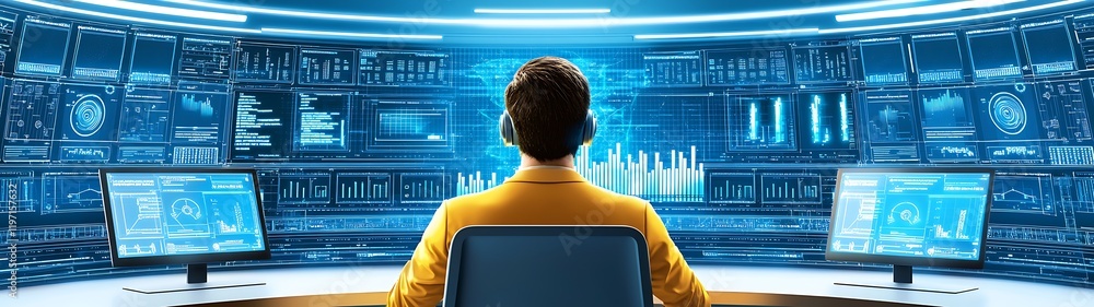 Poster high-tech data center server control, futuristic it control room with vibrant holograms
