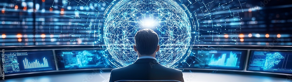 Poster high-tech data center server control, futuristic it control room with holographic displays