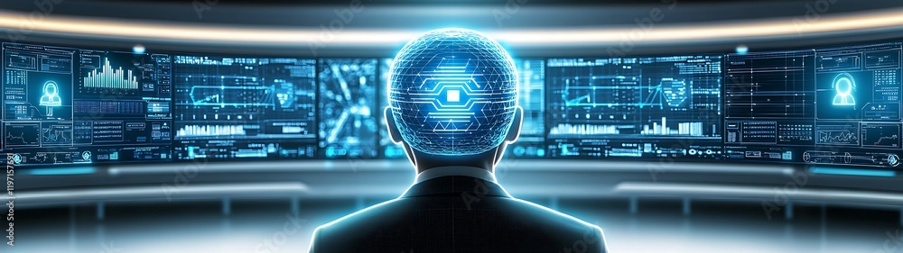 Poster high-tech data center server control, futuristic it control room with holographic displays