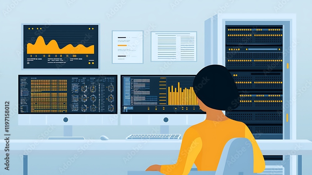 Poster high-tech data center server control, modern control room with futuristic server setup