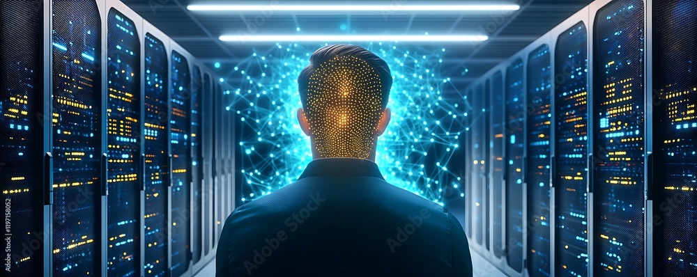 Aufkleber high-tech data center server control, futuristic it administrator in server room