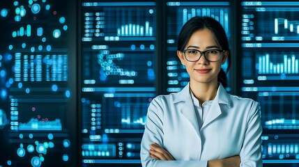 High-Tech Data Center Server Control, Futuristic Control Room with Glowing Displays and Scientist