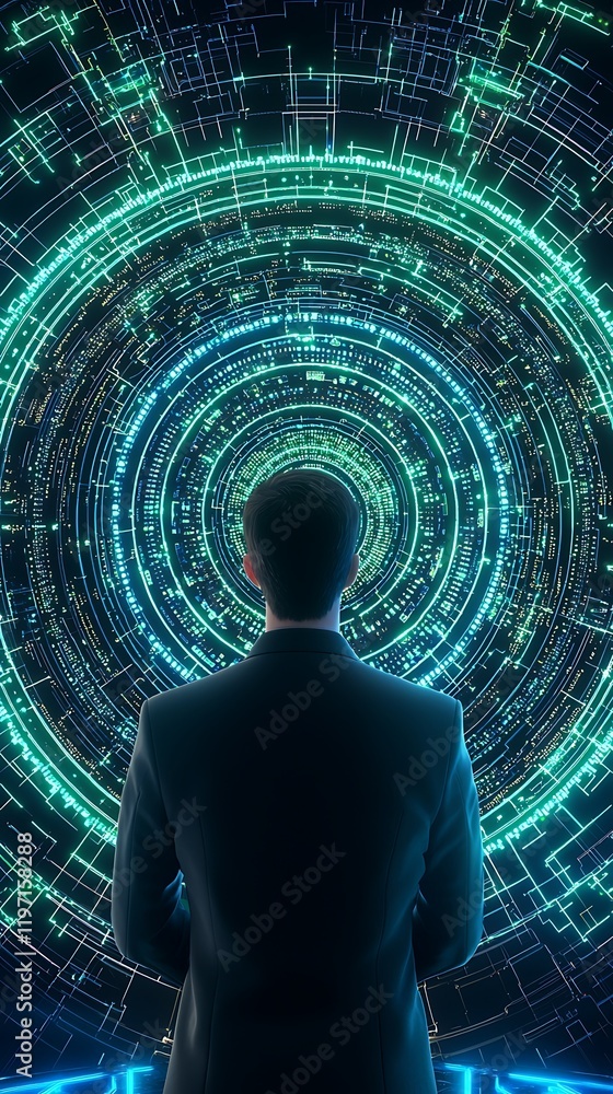 Poster high-tech data center server control, advanced cyber security concept in futuristic facility