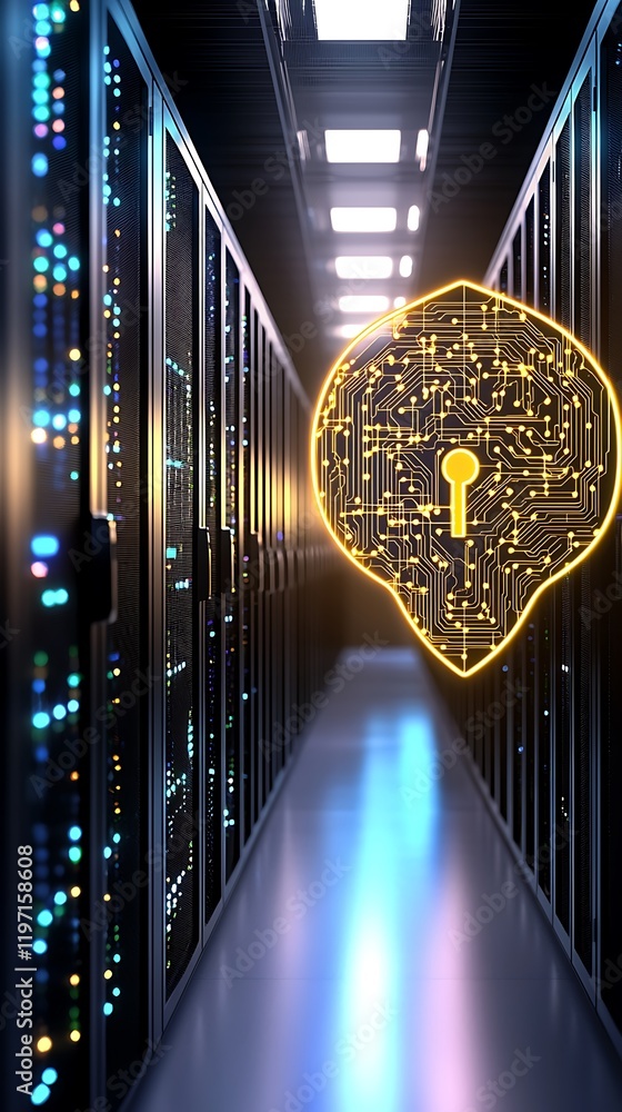 Poster high-tech data center server control, it professional navigating cyber security challenges