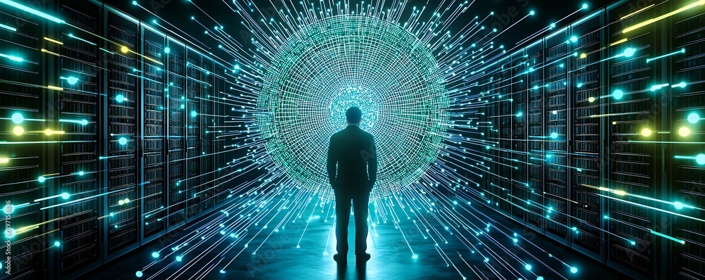 Poster high-tech data center server control, futuristic server room with it specialist