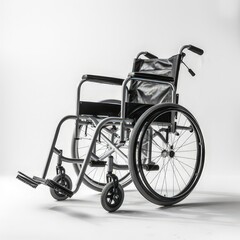 Fototapeta premium A black and silver wheelchair positioned on a white background, designed for mobility assistance.