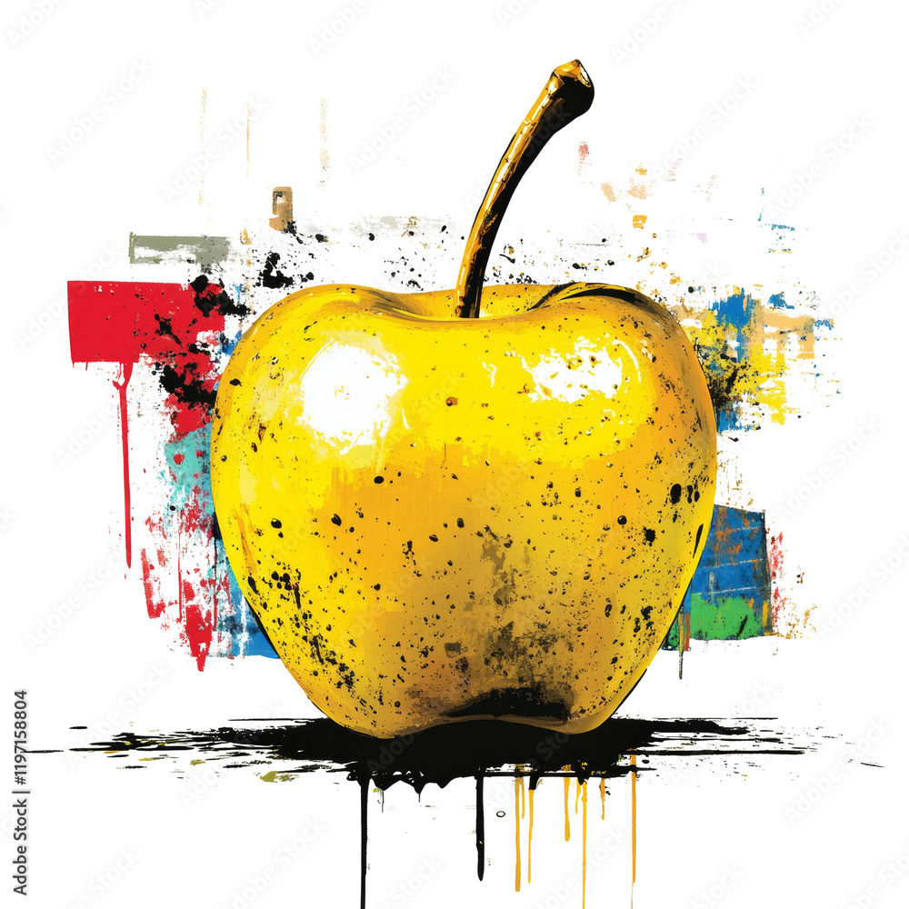 Aufkleber a stylized yellow apple is depicted against a backdrop of colorful paint splatters and drips, creati