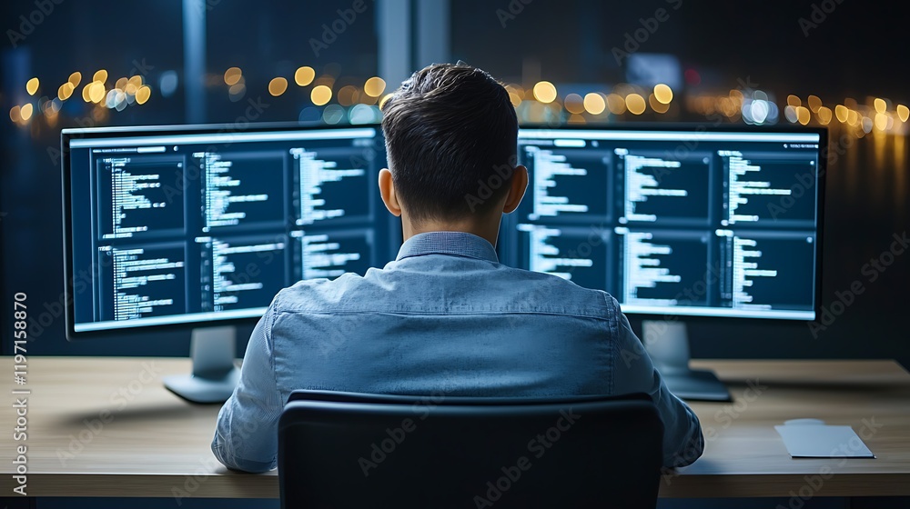 Poster high-tech data center server control, it specialist analyzing machine learning data at night