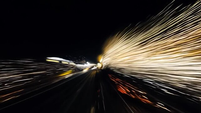 Fast driving on highway at night, montage of zoom blur effects