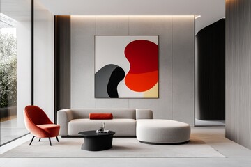 A contemporary living room with a statement piece sofa, an abstract art painting, and balanced daylight through large windows using V-Ray