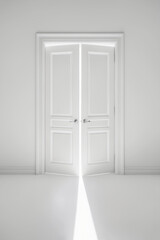 white double doors, intense light through the opening. Minimalistic light Background