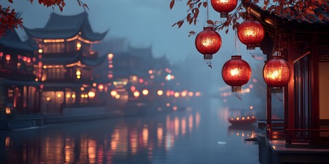 Chinese New Year background with lanterns and a river, 3D rendering illustration
