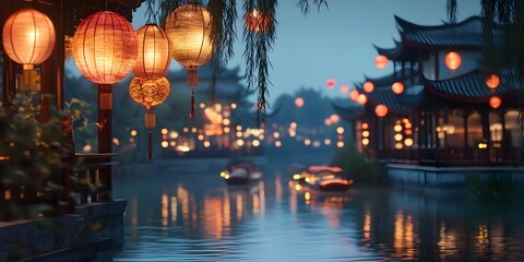 Chinese New Year background with lanterns and a river, 3D rendering illustration
