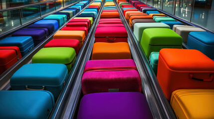 Bright colorful suitcases on the baggage claim conveyor belt in an airport