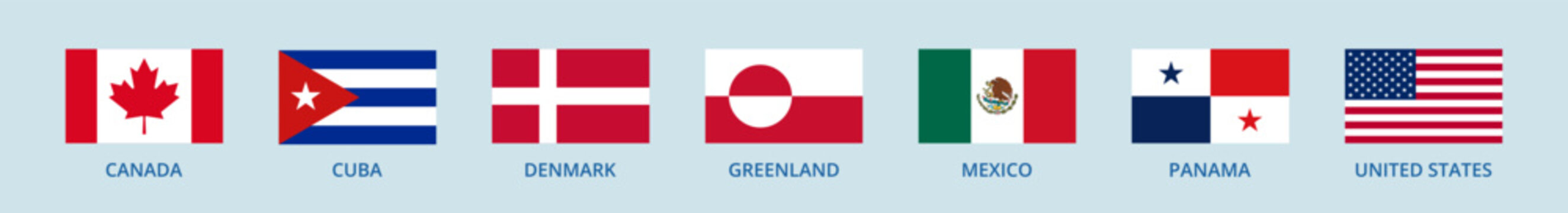 Set of vector flags of the USA, Greenland, Denmark, Mexico, Panama, Cuba and Canada.