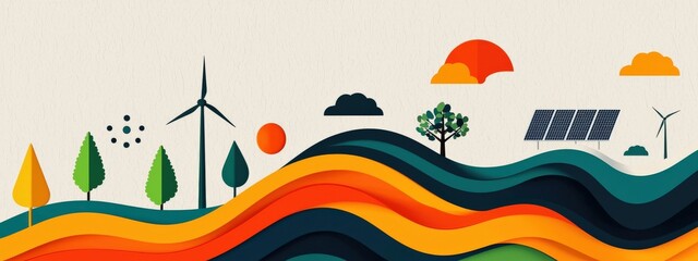 Naklejka premium Colorful Abstract Landscape with Wind Turbines, Solar Panels, and Nature Elements in a Vibrant Design