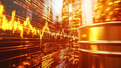 A vibrant urban landscape showcases skyscrapers illuminated by orange and gold tones. Digital graphs and data streams highlight financial activity, reflecting market trends